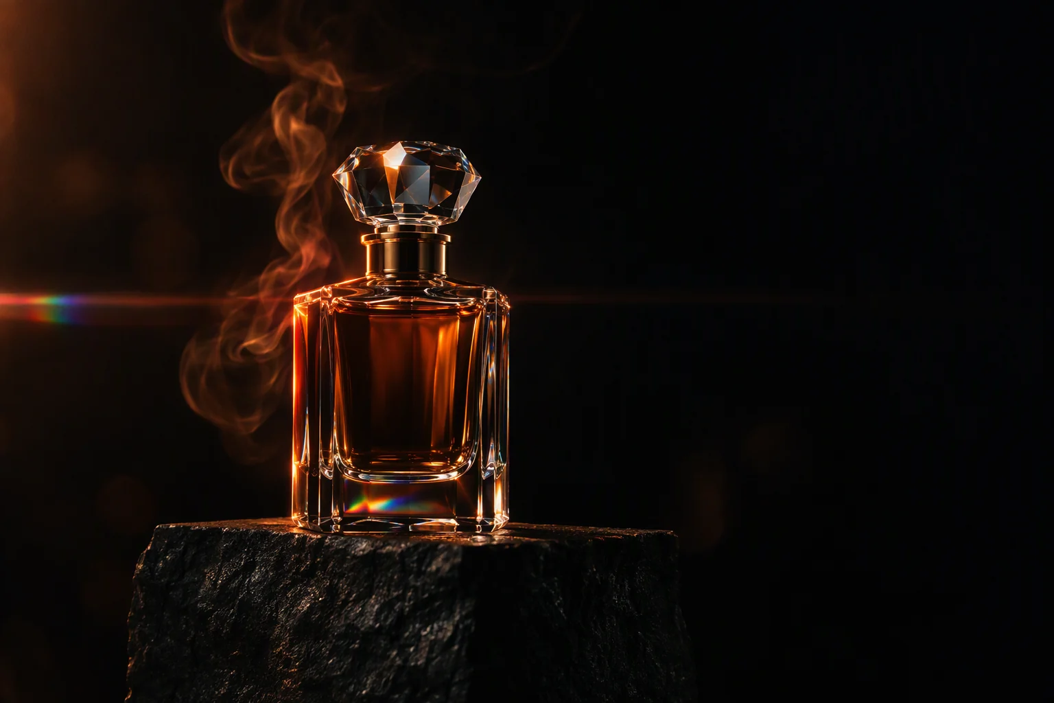 An amber perfume bottle with a faceted crystal stopper on black stone, orange-lit smoke curling behind