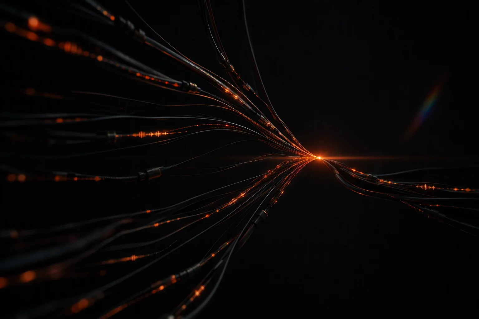 Dozens of dark cables carrying small orange pulses, converging on a single bright ember point