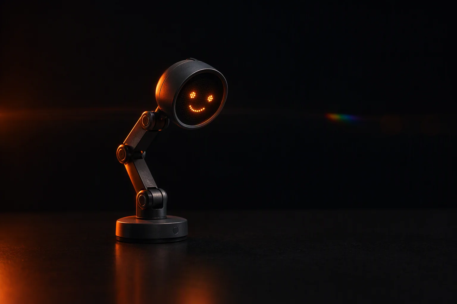 A small jointed robotic desk lamp whose round head shows a smiling face of orange LED dots