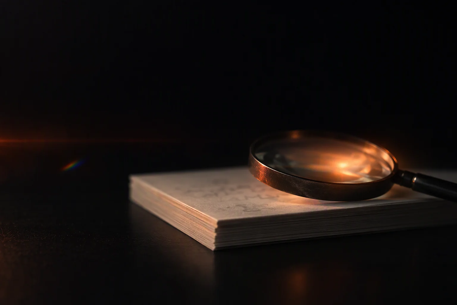 A stack of off-white notes with a magnifying glass on top, a warm glow inside the lens