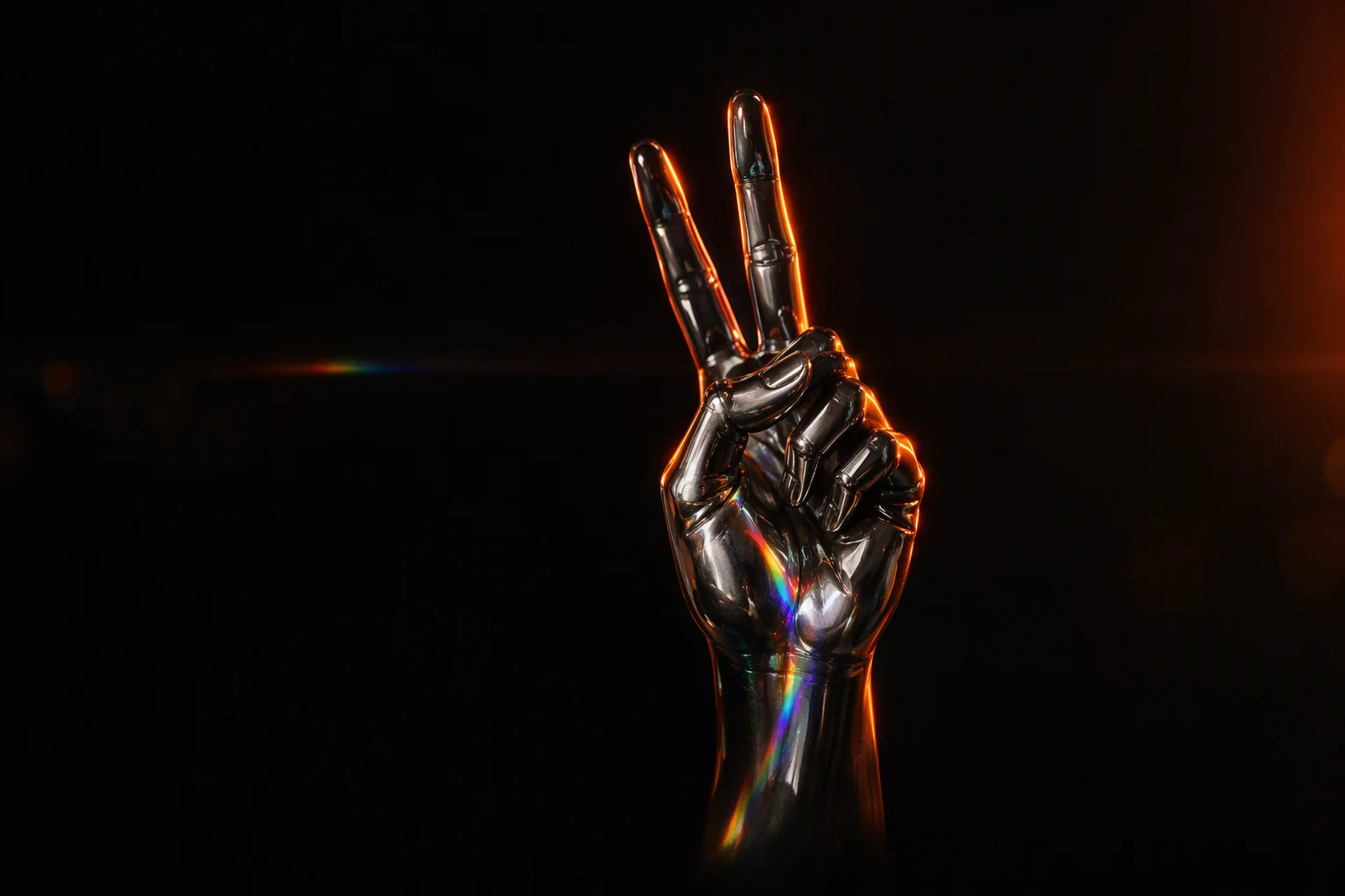A polished chrome hand rising into frame, forming a two-finger sign, lit orange