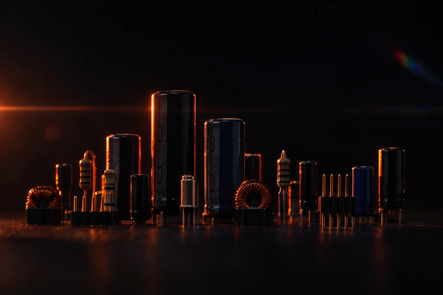 Capacitors, resistors and copper coils standing like a city skyline, backlit orange